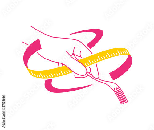 Diet food concept (for logo or icon) - outline drawn human hand holding fork twined by measuring tape - isolated vector illustration