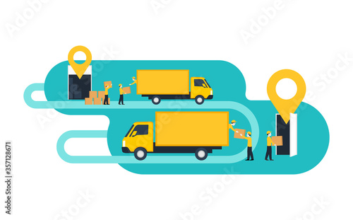 Door-to-door home delivery service concept - cargo truck shipment with loaders team from warehouse to destination point with geolocation pins (GPS marks) upside dispatch and delivery points