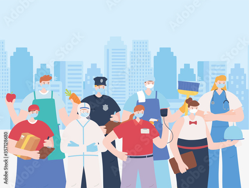 thank you essential workers concept, group team people, wearing face masks, various occupations, coronavirus covid 19 disease