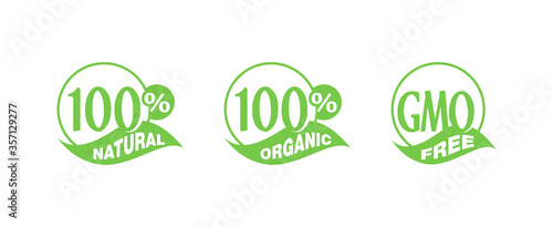 100 natural, 100 organic, GMO free - monochrome mark icon set for healthy food, vegetarian nutrition - vector isolated element