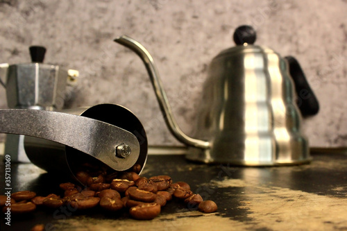 Wallpaper Mural manual tools for processing a cup of coffee, ranging from coffee cups, mocha pots to make espresso, kettle with goose neck to pour water stably, manual coffee grinder with various sizes of powder. Torontodigital.ca