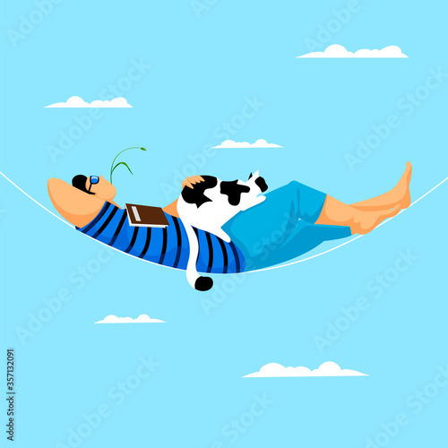 a man in a hammock. vector image of a resting person with a cat. a man rests against the sky with a book