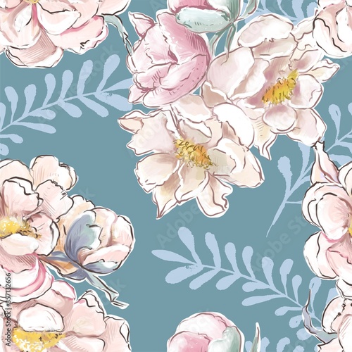 Flowers pattern seamless peonies on a blue background. for fabrics and textiles