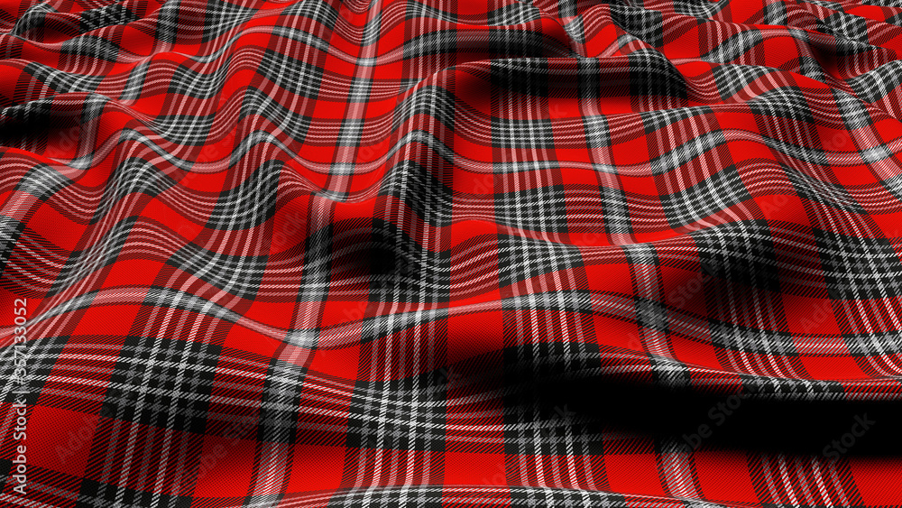 Scottish plaid red, gray and white checkered classic tartan check seamless fabric. 3D Rendered. Scottish plaid red, gray and white checkered classic tartan check seamless fabric. 3D Rendered.