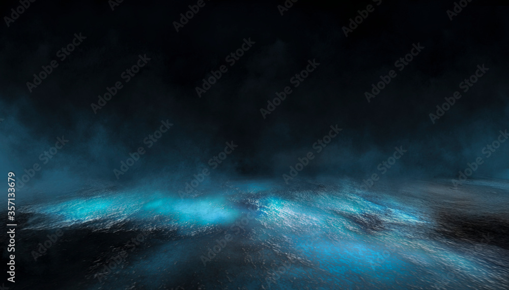 Empty futuristic dramatic scene. Abstract dark landscape, street. Neon light fluid element. Night view, neon blue light. Fantasy background. 3D illustration