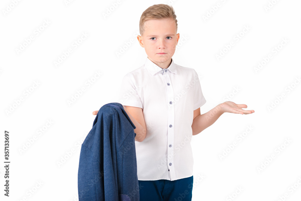 Front view portrait of student holds the school suit. white studio isolated background.