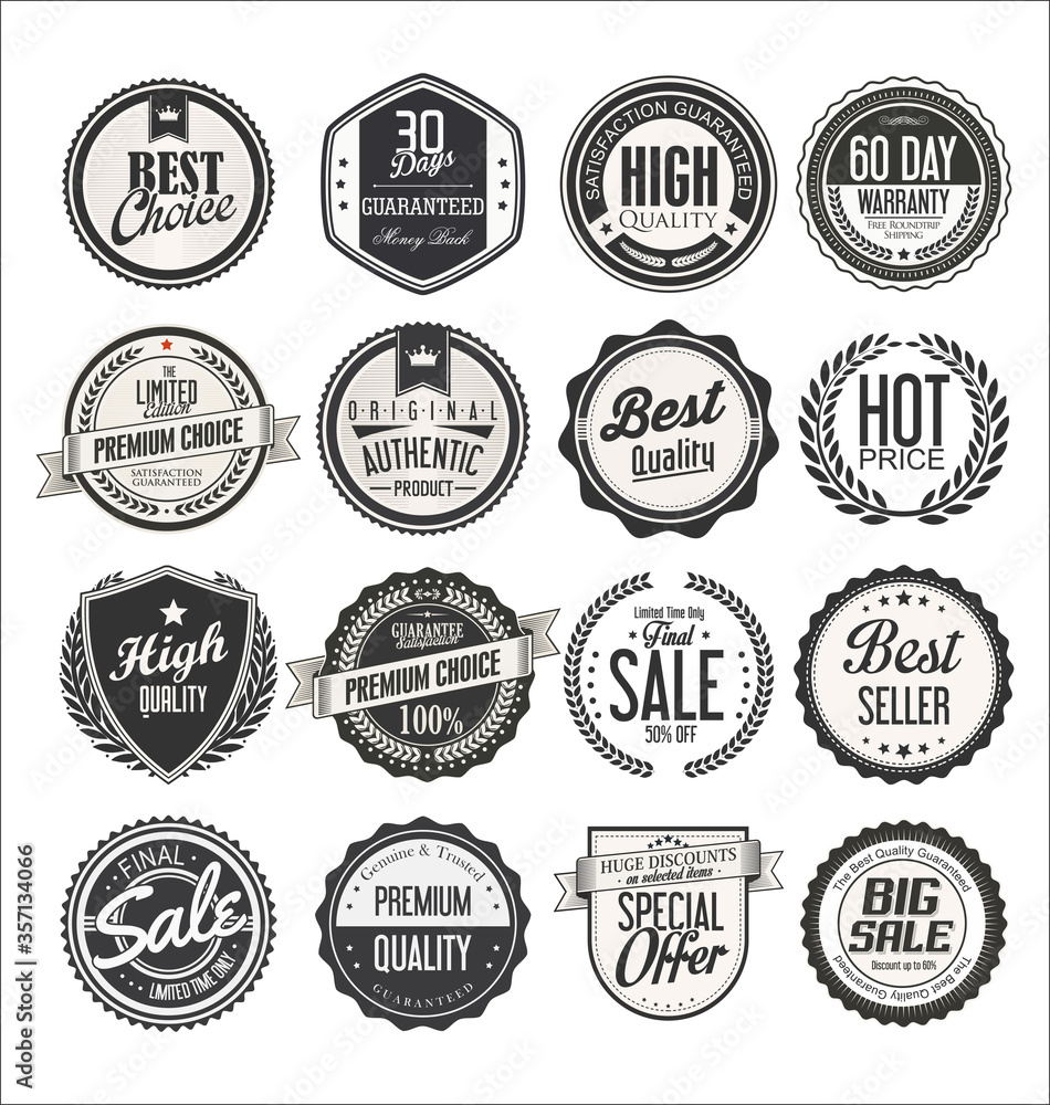 Retro vintage sale badges and labels collection