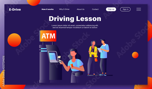 Queue of people standing for using ATM. Bank customer inserting credit card to slot for transaction. Vector illustration for business, banking, finance concept