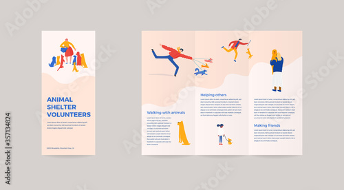 3 fold bruchure for animal shelter volunteer campaign. Vector illustration layout template with characters, animals, playing, feeding with dogs and cats.