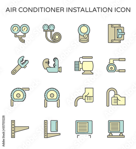 Air conditioner installation parts and tools vector icon set design, editable stroke.