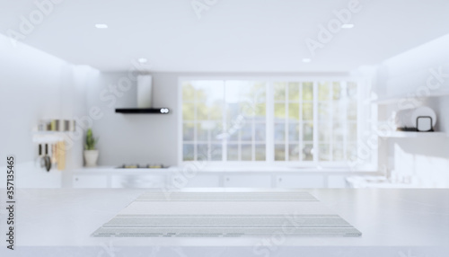 kitchen interior blur background with counter or table. Decoration with marble at top surface and tablecloth look clean and modern. With empty or copy space for mock up or product display. 3d render. © DifferR
