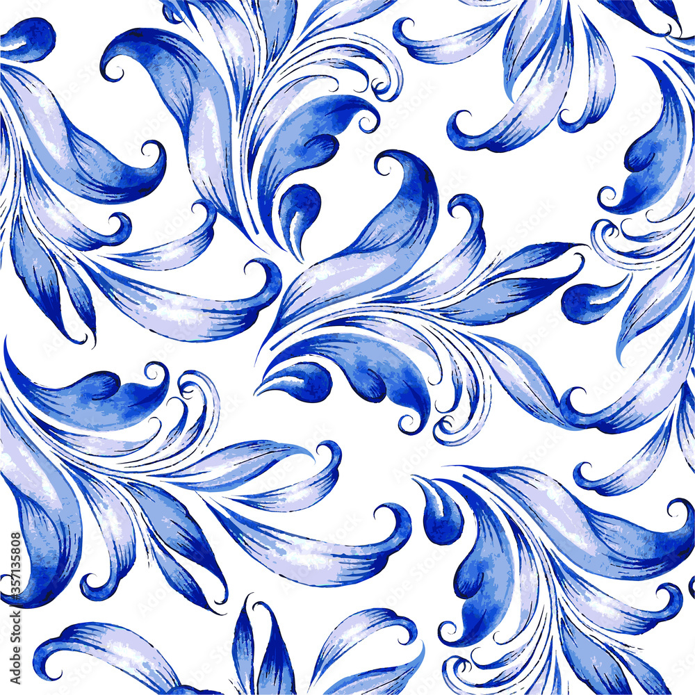 Fototapeta premium Blue floral watercolor texture pattern with flowers. 