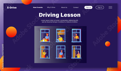 Apartment building with people in open window spaces. Neighbors drinking coffee, talking, using cell. Vector illustration for block of flat, condo, neighborhood, community, house friendship concept