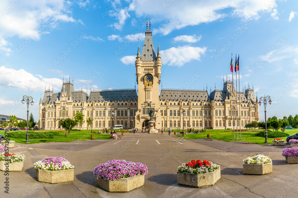 Iasi, Romania - June 09, 2020: Landscape with central square with Cultural Palace in Iasi, Moldavia, Romania