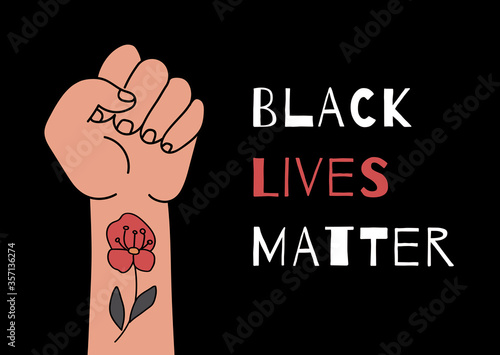 Black lives matter banner or poster, fist protesting for rights. No racism banner. Vector illustration in flat cartoon style on isolated background.multinational, society, activist, protesters