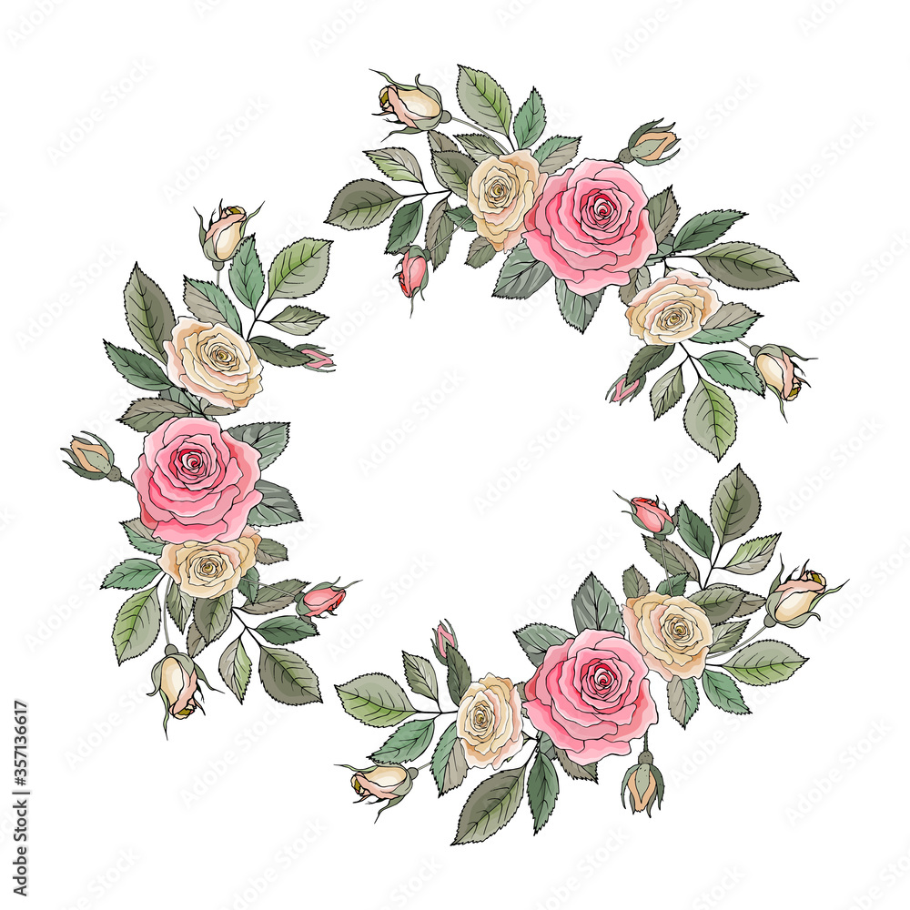 Vector flower frame with pink rose and green leaves. Wreath for wedding stationary, fashion, wallpapers, greetings. Suitable for your design, cards, invitations, gifts, posters.