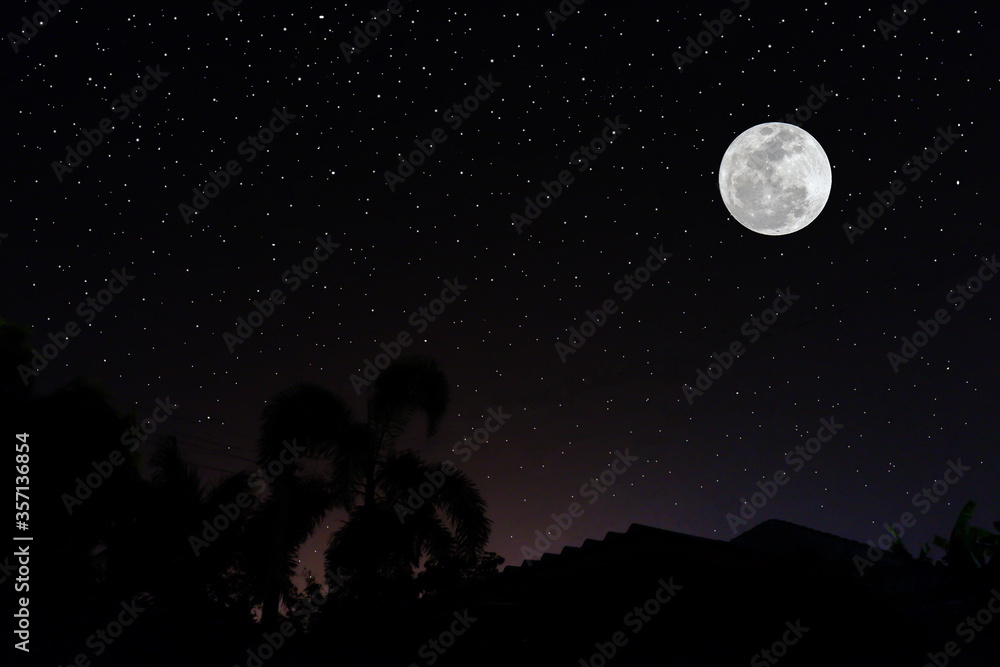 Full moon over silhouette home and trees at night. Full moon over silhouette home and trees at night.