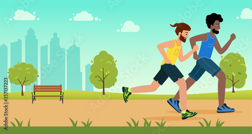Active people characters running distance in park. Healthy lifestyle concept, summer outdoor. Man Athlete, sprint race or jogging. Vector illustration in modern flat style.