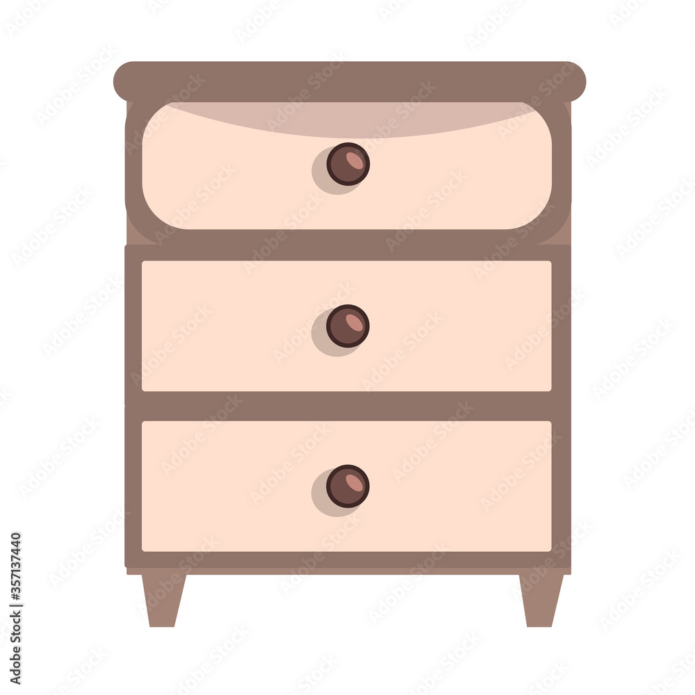 Single elegant classic nightstand with three drawers and round handles, isolated on a white background. Flat-style illustration. Vector hand drawn vintage furniture Single elegant classic nightstand with three drawers and round handles, isolated on a white background. Flat-style illustration. Vector hand drawn vintage furniture