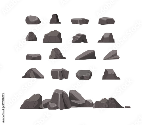 Rock stones flat icon set. Cartoon natural massive boulders, granite cliffs and cobbles isolated vector illustration collection. Mountains and landscape concept