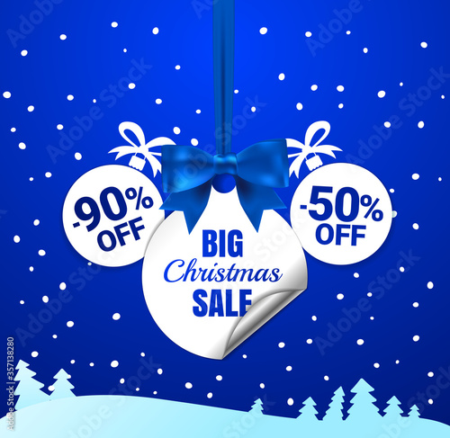 Big Christmas sale. White christmas balls with a paper round corner and cyan bow. Winter offer tag. New year holiday Web-banner or poster for e-commerce  on-line cosmetics shop  store. Vector