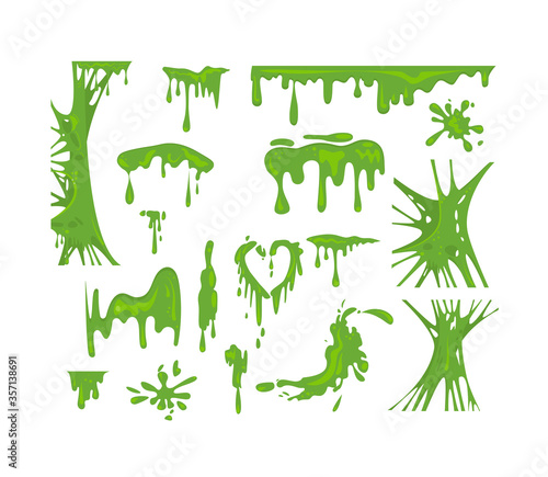 Green slime flat icon set. Goo blob splashes and toxic dripping mucus isolated vector illustration collection. Decorative shapes and liquid borders for design concept