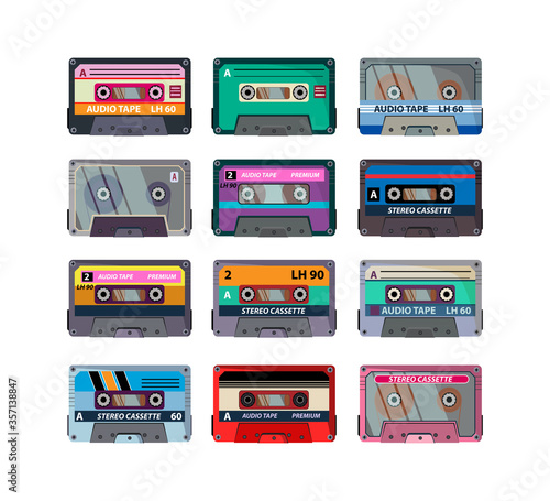 Different stereo cassettes flat icon set. Vintage retro audio tapes, old school record technology isolated vector illustration collection. Outdated equipment and music concept