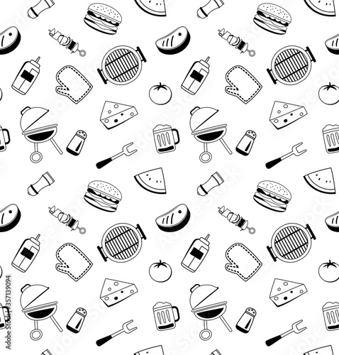 Bbq icon seamless pattern background. Barbecue set.