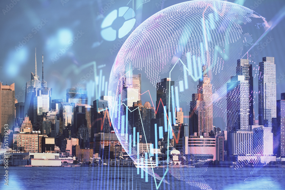 Forex graph on city view with skyscrapers background double exposure. Financial analysis concept. Forex graph on city view with skyscrapers background double exposure. Financial analysis concept.