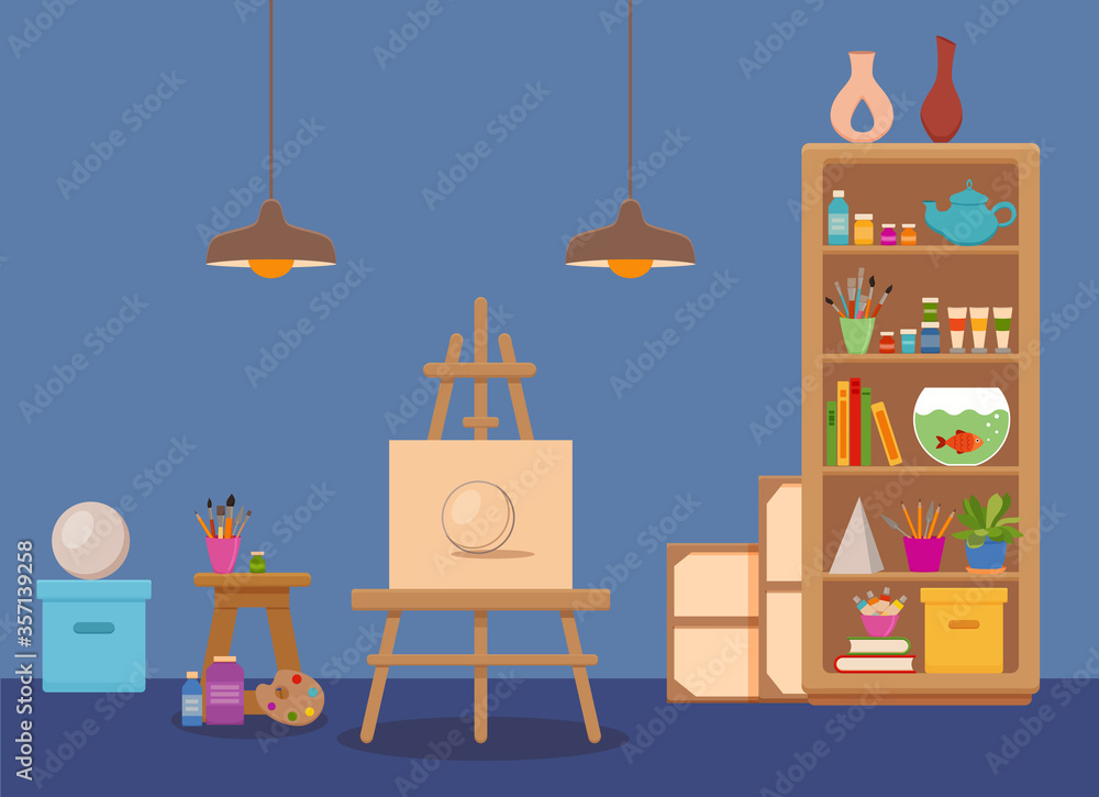 Obraz premium Art studio interior colorful vector illustration.