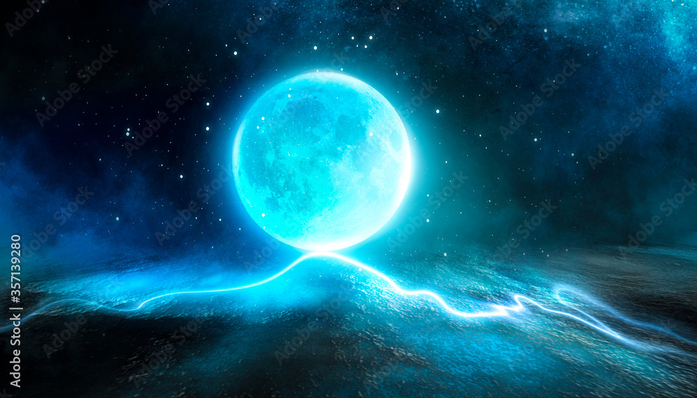 Fototapeta premium Empty futuristic dramatic scene. Abstract dark landscape, street. Neon light fluid element. Night view, neon blue light. Fantasy background. 3D illustration