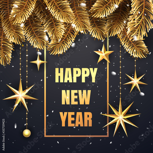 Happy New Year Premium luxury background for holiday greeting card. Golden decoration ornament with banner with golden fir-tree branches and confetti and shining lights. Vector illustration.