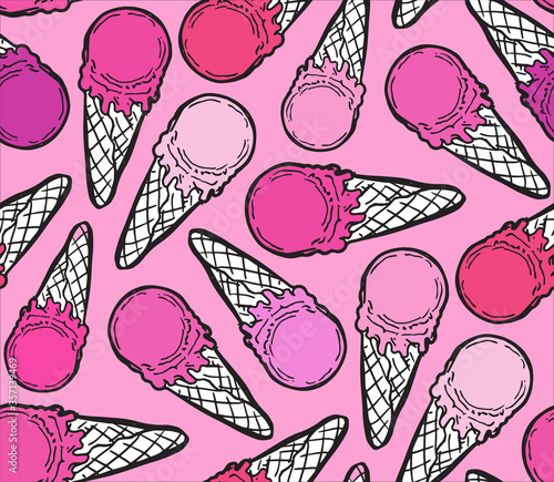 Cute hand drawn doodle pattern background with ice cream cone. Ice cream template design elements. © jane55