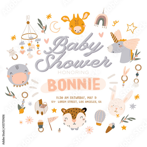 Fototapeta Naklejka Na Ścianę i Meble -  Cute baby shower in scandinavian style including trendy quotes and cool animal decorative hand drawn elements. Cartoon doodle kids  illustration for nursery room decor, children design. Vector.