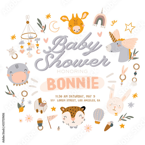 Cute baby shower in scandinavian style including trendy quotes and cool animal decorative hand drawn elements. Cartoon doodle kids illustration for nursery room decor, children design. Vector.