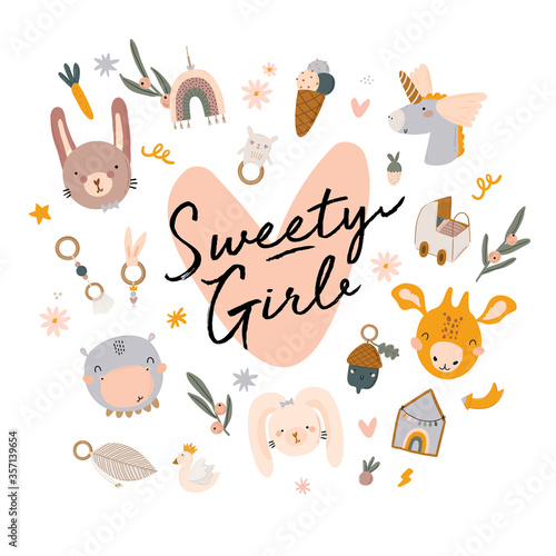 Cute baby shower in scandinavian style including trendy quotes and cool animal decorative hand drawn elements. Cartoon doodle kids  illustration for nursery room decor, children design. Vector.