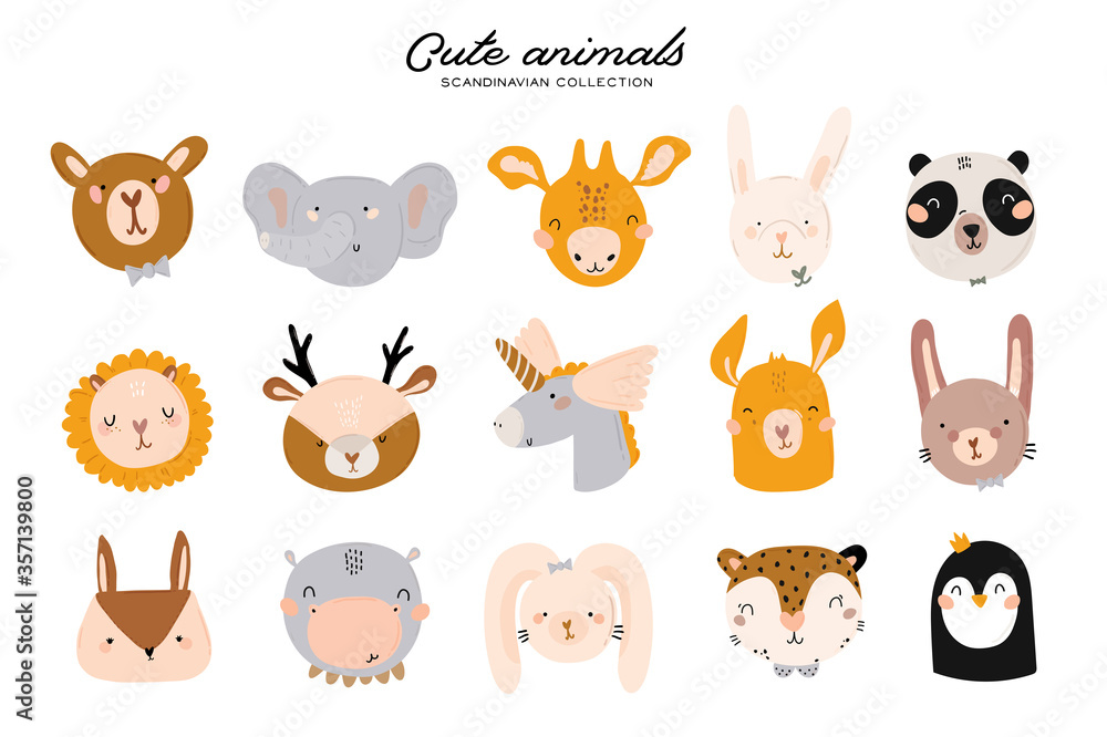 Fototapeta premium Cute baby shower in scandinavian style including trendy quotes and cool animal decorative hand drawn elements. Cartoon doodle kids illustration for nursery room decor, children design. Vector.