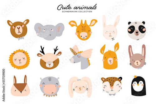 Cute baby shower in scandinavian style including trendy quotes and cool animal decorative hand drawn elements. Cartoon doodle kids  illustration for nursery room decor, children design. Vector.