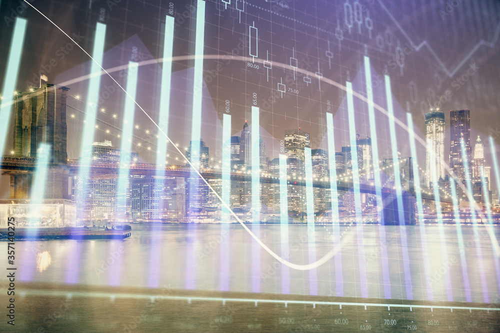 Financial chart on city scape with tall buildings background multi exposure. Analysis concept. Financial chart on city scape with tall buildings background multi exposure. Analysis concept.