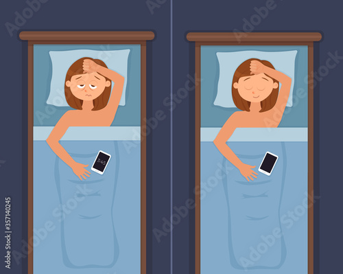 Sleepless woman face cartoon character suffers from insomnia problem