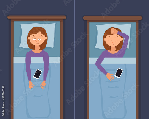 Sleepless woman face cartoon character suffers from insomnia problem