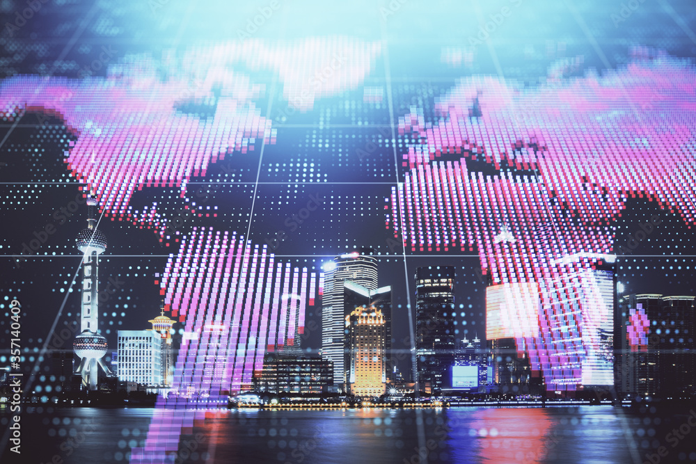 Fototapeta premium Double exposure of business theme hologram drawing and city veiw background. Concept of success.