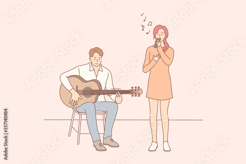 Music, perfomance, duet concept. Young woman boy artist with microphone and man boy guitar player stand on stage singing songs together. Jazz concert or pop party and musical vocal debut illustration.