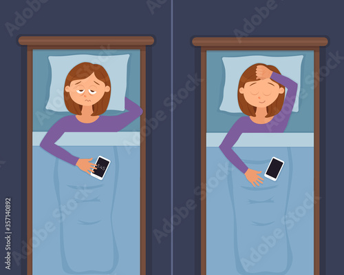 Sleepless woman face cartoon character suffers from insomnia