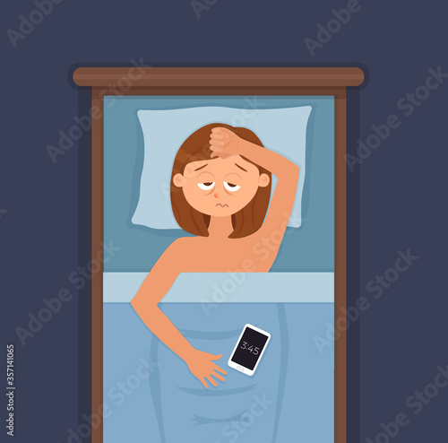 Sleepless woman face cartoon character suffers from insomnia