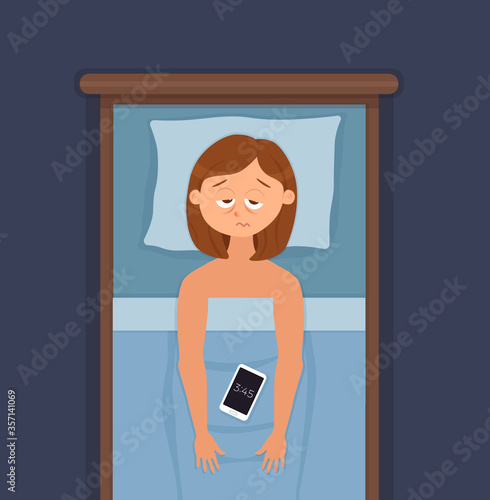 Sleepless woman face cartoon character suffers from insomnia