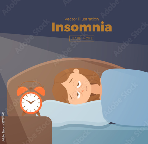 Sleepless woman face cartoon character suffers from insomnia