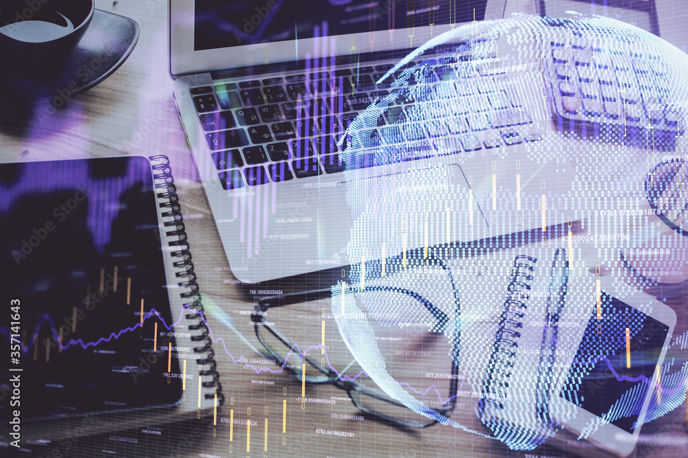 Double exposure of forex chart and work space with computer. Concept of international online trading. Double exposure of forex chart and work space with computer. Concept of international online trading.