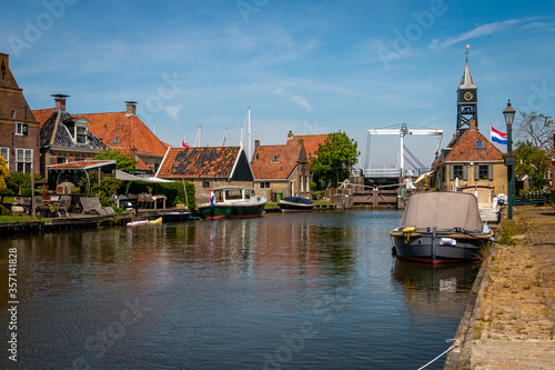 Hindeloopen a beautiful town in the Netherlands on the IJsselmeer  province of Friesland with canal boats and a harbor