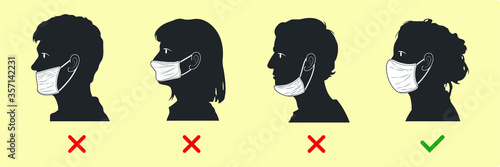 Common mistakes when wearing face mask. Silhouette characters about mistakes people make when wearing face masks.
Correct way to wear mask.